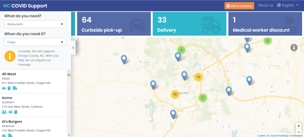 Screenshot of NC COVID Community Support Project showing the map of resources